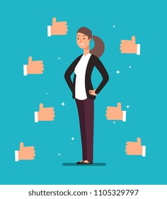 Cartoon happy proud businesswoman leader with many thumbs up hands. Business acknowledgement and customers voting vector concept. Business woman manager, professional job illustration