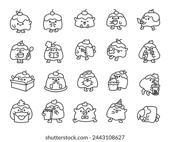 Cartoon happy pudding characters. Coloring Page. Fun food. Hand style. Vector drawing. Collection of design elements.