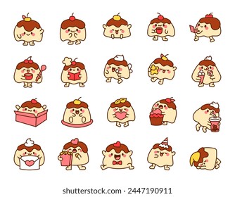 Cartoon happy pudding characters. Fun food. Hand style. Vector drawing. Collection of design elements.