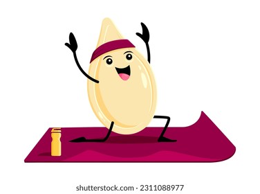 Cartoon happy pumpkin seed character on yoga or fitness sport. Vector healthy seed sitting on in asana pose with raised hands. Funny smiling personage wellness class, mind balance, yoga class practice