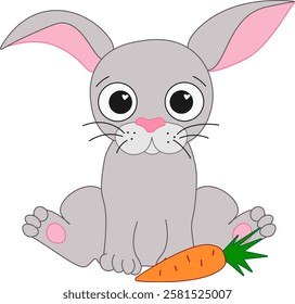 Cartoon happy rabbit bunny with a carrot, cute graphic line vector illustration. Chinese new year 2035 Rabbit lunar lantern festival

