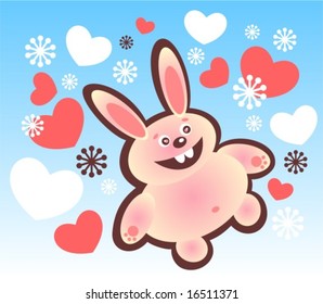 Cartoon happy rabbit and hearts on a blue background.