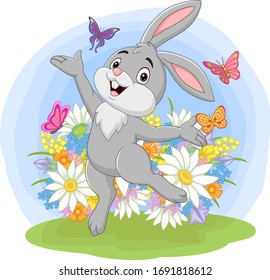 Cartoon happy rabbit jumping in the grass