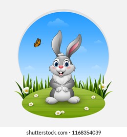 Cartoon happy rabbit standing on the grass