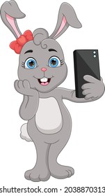 cartoon happy rabbit taking a selfie