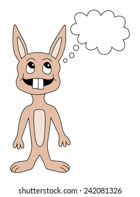 Cartoon of a happy rabbit with a thought bubble drawn in an anthropomorphic style with the rabbit standing on its hind legs. 