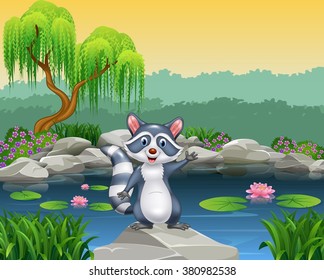 Cartoon happy raccoon waving