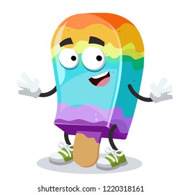 cartoon happy rainbow colors ice cream on a stick mascot smiling on white background