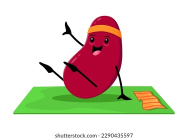 Cartoon happy red bean character on yoga fitness sport. Isolated vector haricot seed personage sitting in asana pose on mat. Kidney bean yogi with raised legs, natural healthy vitamin protein food