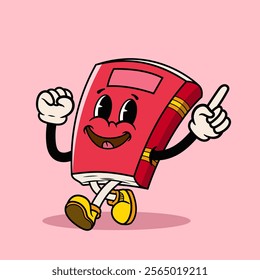 Cartoon Happy Red Book Mascot character walking number one pose in vintage retro style on background