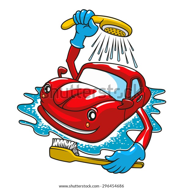 Cartoon happy red car character washing\
with brush and shower. For car service\
design