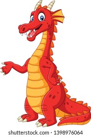 Cartoon happy red dragon presenting 