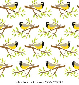 Cartoon happy Robin - simple trendy pattern with bird on branch. Flat vector illustration for prints, clothing, packaging and postcards.