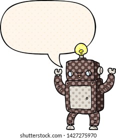 cartoon happy robot with speech bubble in comic book style