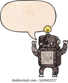 cartoon happy robot with speech bubble in retro texture style