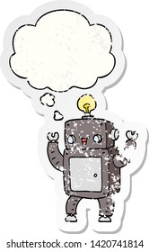 cartoon happy robot with thought bubble as a distressed worn sticker
