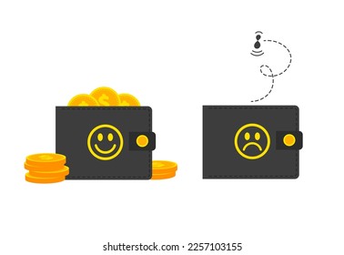 Cartoon happy and sad wallet. Purse full with coins and empty with moth. Business and finance vector illustration isolated on white background.