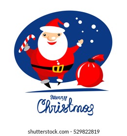 Cartoon happy Santa Claus with bag isolated on blue background. Design element for greeting cards and flyers. Christmas character. Merry Christmas lettering.