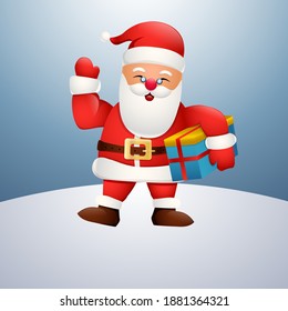Cartoon happy santa claus holding gift box and waving