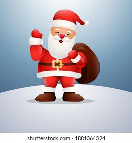 Cartoon happy santa claus holding bag and waving