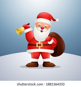 Cartoon happy santa claus holding a bag and bell