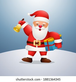 Cartoon happy santa claus holding gift box and bell