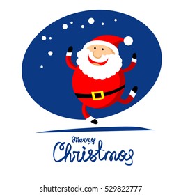 Cartoon happy Santa Claus isolated on blue background. Design element for greeting cards and flyers. Christmas character. Merry Christmas lettering.