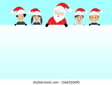 Cartoon happy Santa Claus and kids holding blank sign