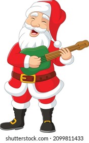 Cartoon happy santa claus playing guitar