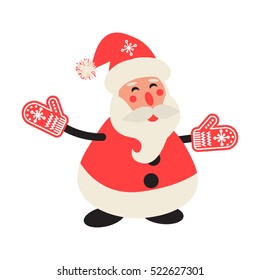 Cartoon happy Santa Claus in red mittens. Santa with welcoming hands.