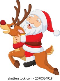 Cartoon happy santa claus riding a deer