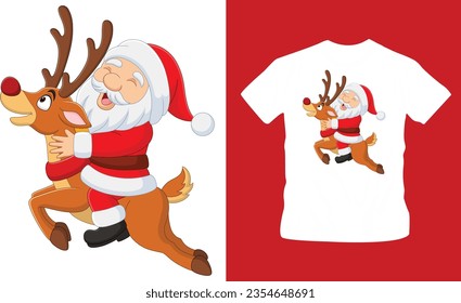 cartoon happy santa claus riding a deer vector illustration t-shirt design editable template