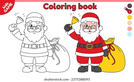 Cartoon happy Santa Claus ringing bell with a bag of gifts. Page of kids coloring book. Color outline cute merry Christmas character. Activity for children. Black and white contour vector design.