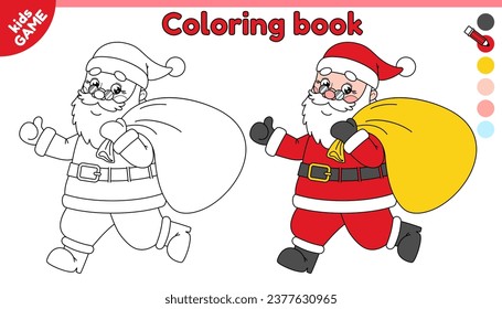 Cartoon happy Santa Claus running with a bag of gifts. Page of kids coloring book. Color outline cute merry Christmas character. Activity for children. Black and white contour vector design.