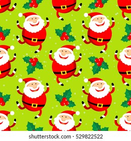 Cartoon happy Santa Claus vector on green background. Textile print or design element for banners. Christmas character. Christmas seamless pattern.