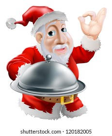 A cartoon happy Santa  doing a chef's perfect sign with his hand and holding a covered metal plate of food