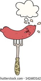 cartoon happy sausage on fork with thought bubble