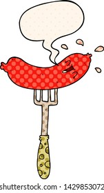 cartoon happy sausage on fork with speech bubble in comic book style