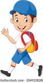 Cartoon happy school boy in uniform waving hand