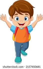 Cartoon happy school boy waving hand