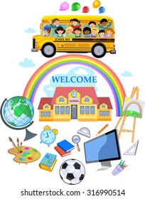 Cartoon of happy school children & Rainbow