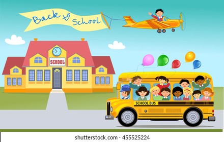 Cartoon of happy school children & Rainbow
