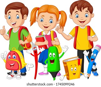 Cartoon happy school children with school supplies