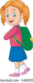 Cartoon happy school girl carrying backpack