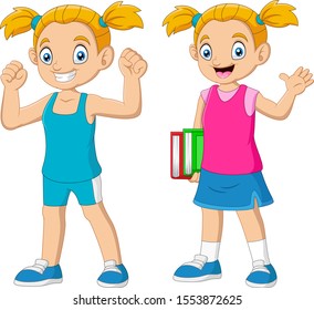 Cartoon happy school girl carrying book