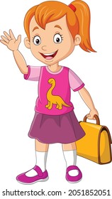 Cartoon happy school girl holding bag