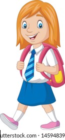 Cartoon happy school girl in uniform carrying backpack