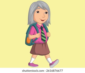 Cartoon happy school girl in uniform carrying backpack vector illustration