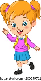 Cartoon happy school girl waving hand