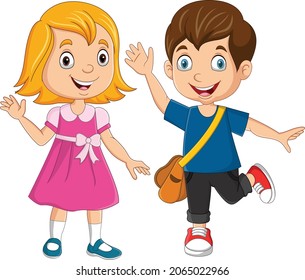 Cartoon happy school kid waving hands